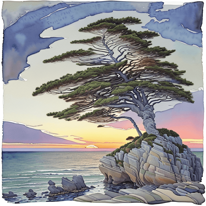 AI generated: a painting of a tree sitting on top of a rock, a watercolor painting, inspired by Arthur Lismer, cg ...