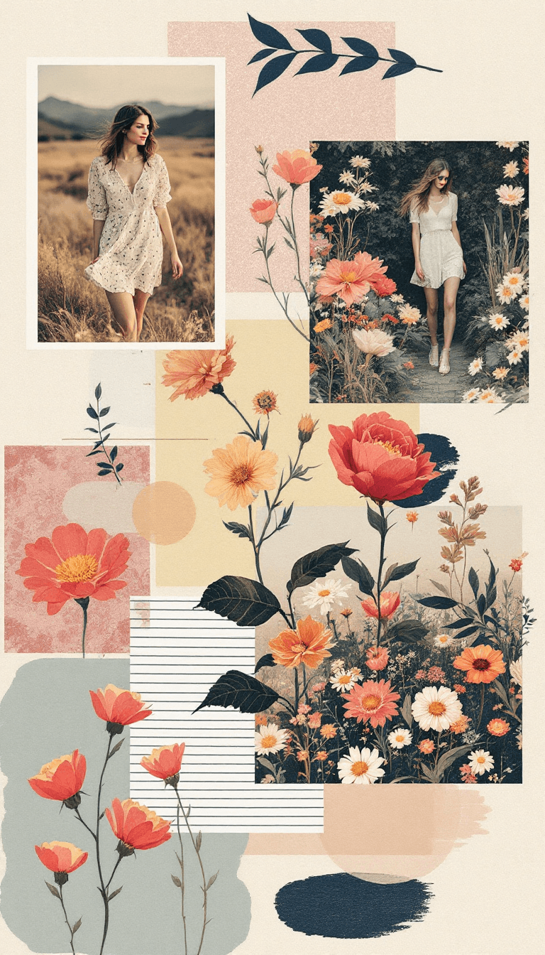 AI generated: vintage collage art with fashion photos and colorful patterns, minimalistic, vintage Icelandic midsu...