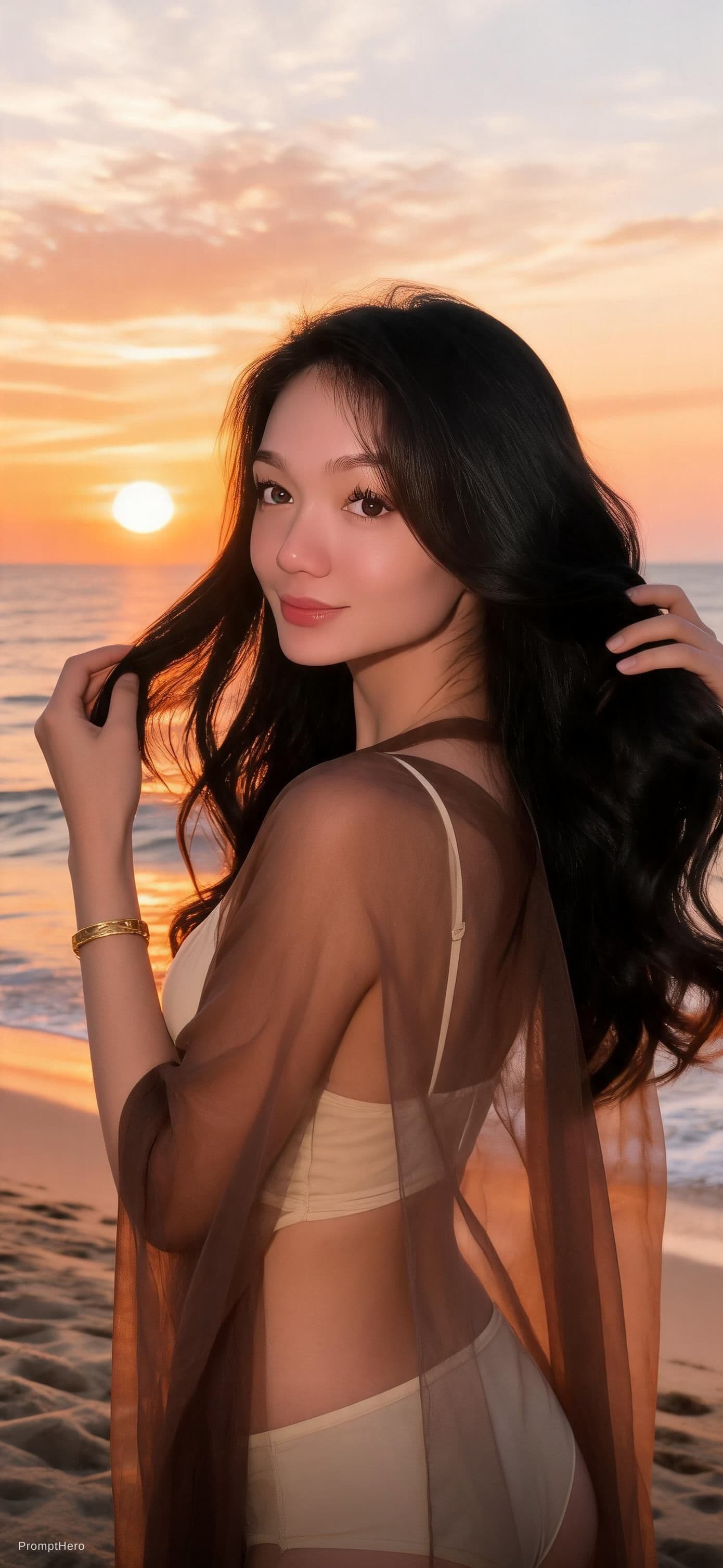 AI generated: @✨🎀 Bella_Park 🎀✨: PROMPT➡️Create a cinematic beach portrait of the woman, keeping her face 100% t...
