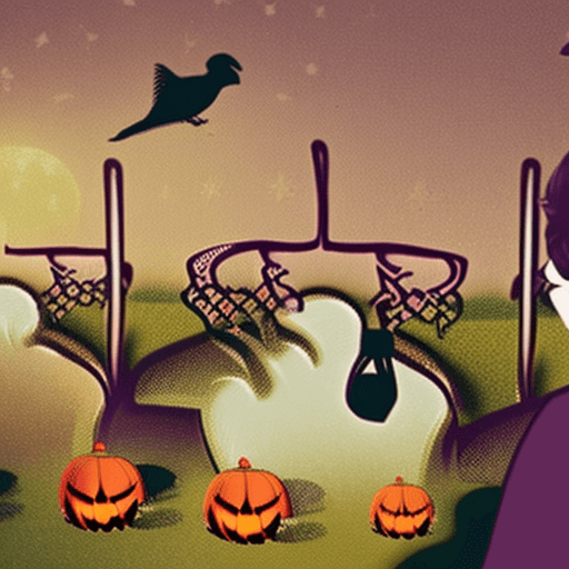 AI generated: girl listens to music on headphones, retro, Halloween, cemetery, flying birds, witch pumpkins, skele...
