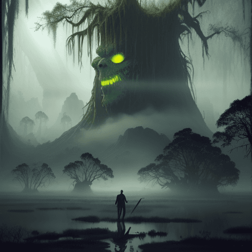 AI generated: Hyper realistic landscape in Ansel Adam style, Swamp, the silhouette of a man with sword, head of a ...