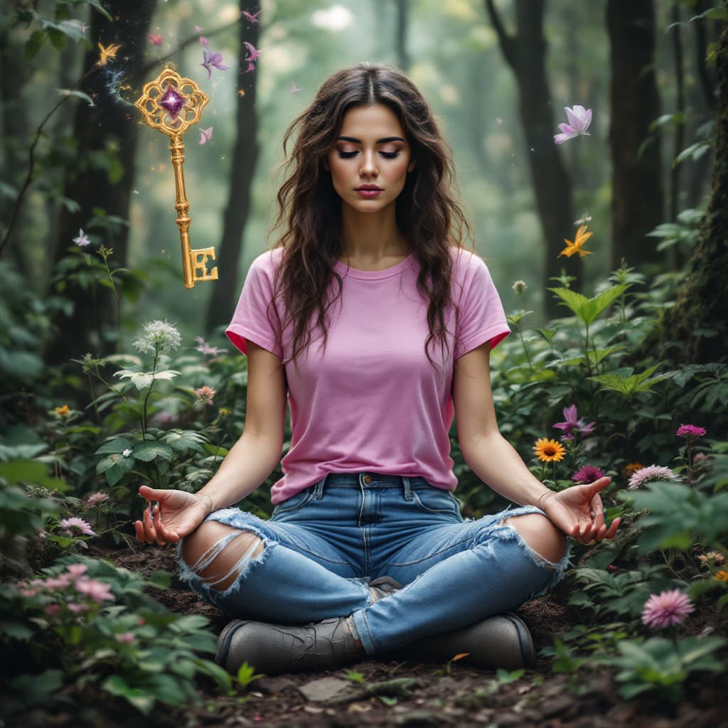 AI generated: vegetation and a wooded background. She's wearing a pink t-shirt and ripped jeans, along with grey b...
