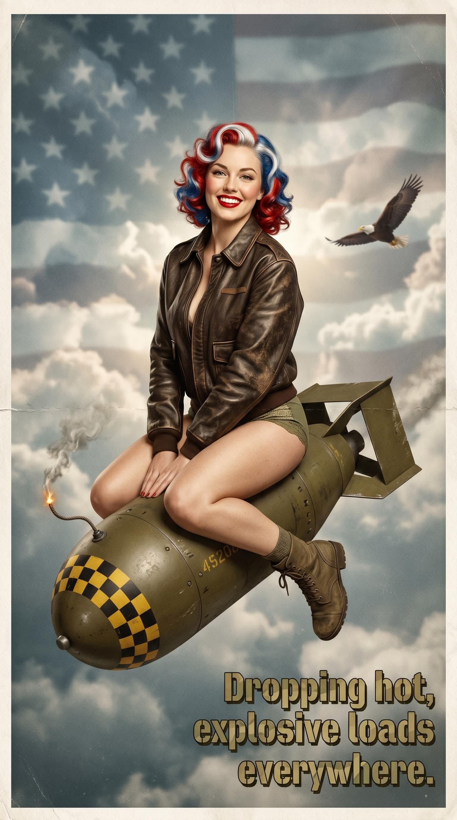 AI generated: An extremely detailed, high-resolution, photorealistic vintage 1940s pin-up photograph of a smiling ...