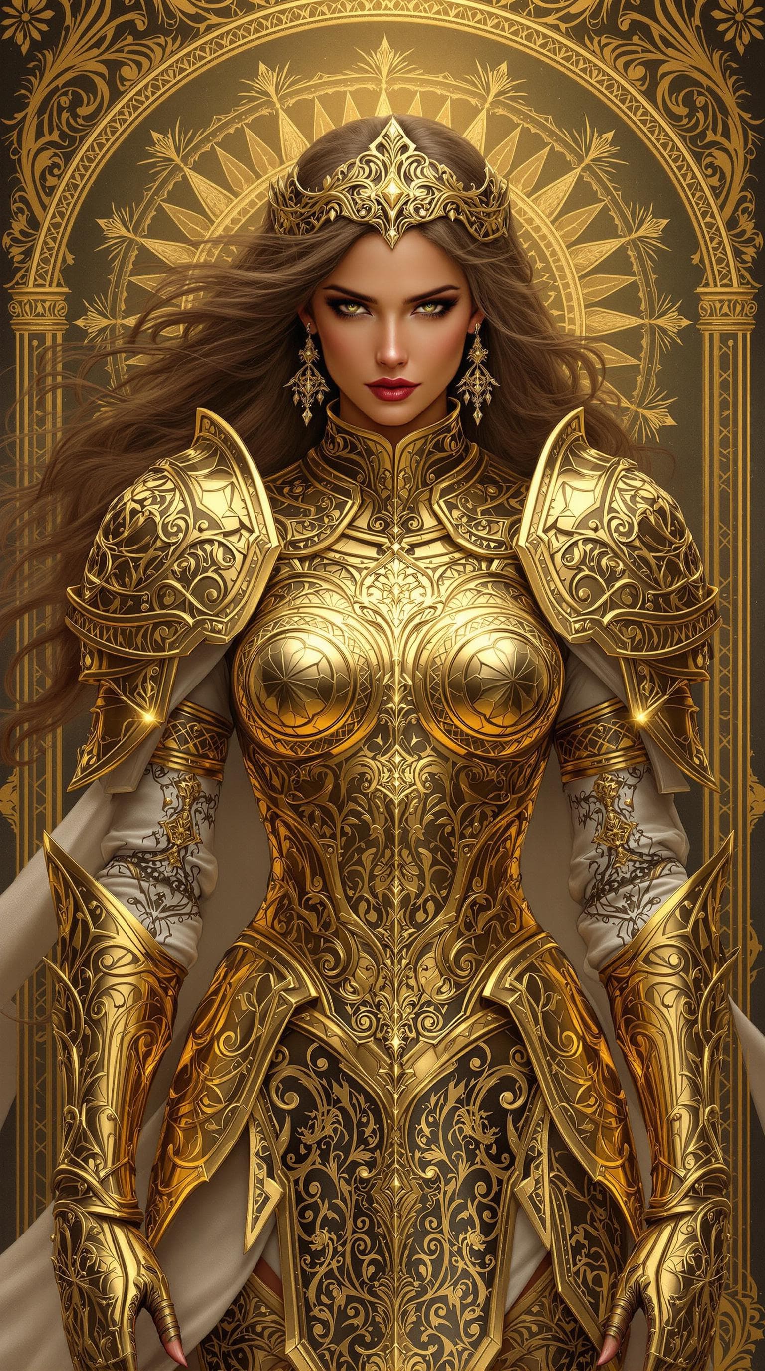 AI generated: beautiful strong woman in a shining golden armor (intricate design golden armor), offset printing, f...