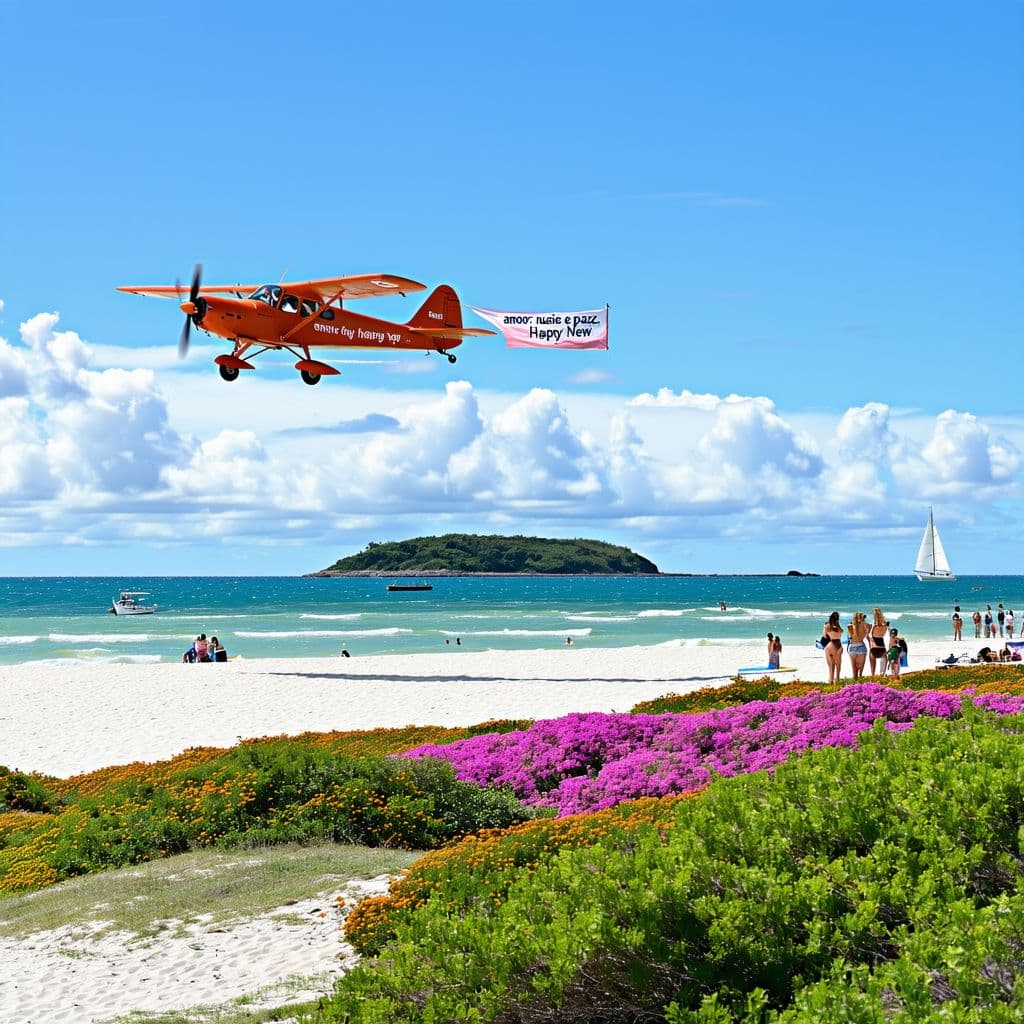 AI generated: A panoramic photograph of a vibrant morning at a beach with an island in the foreground, a blue sky ...