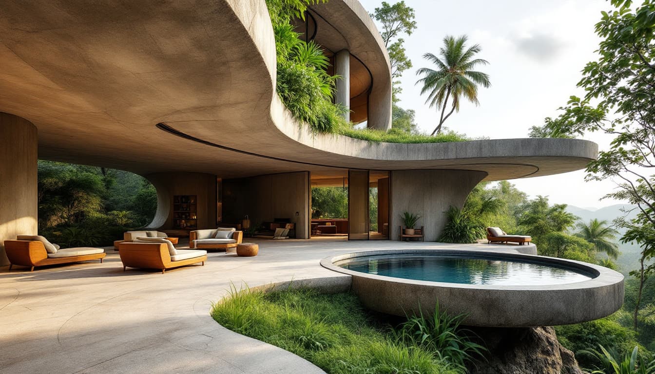 AI generated: This house is part of a series of jungle homes designed to blend seamlessly with their natural surro...