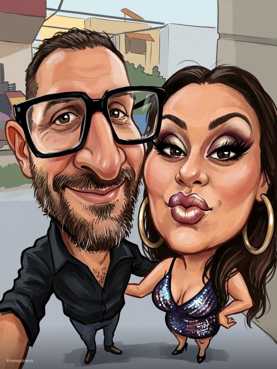 AI generated: funny caricature, adult man and woman (input Image), mid-30's, big cartoonish head, exaggerated cari...