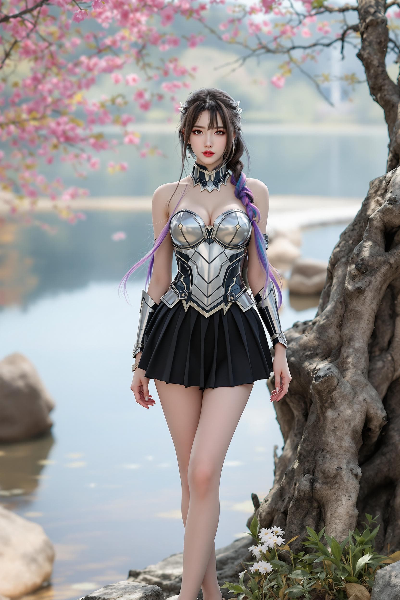 AI generated: hyperrealistic, korean girl, korean ulzzang face, a girl, beautiful, wearing a iron man armor strapl...