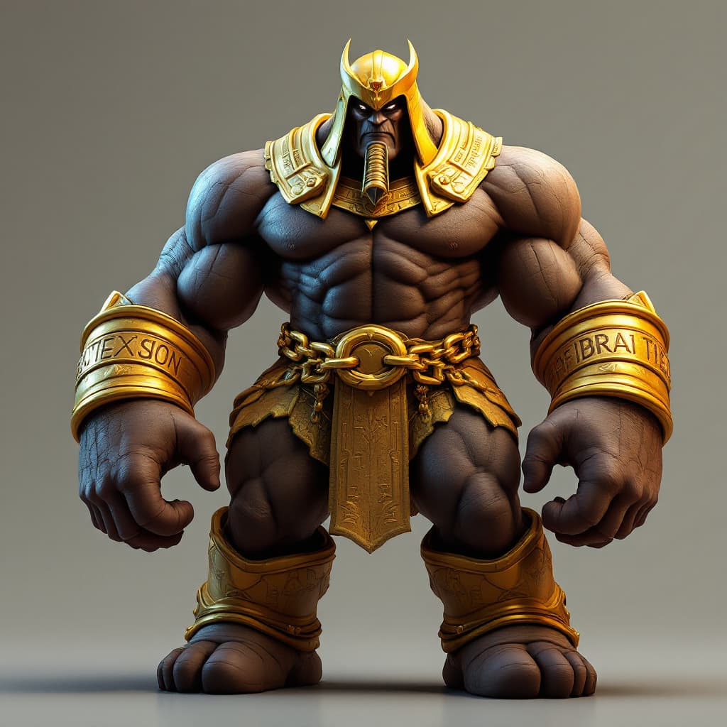 AI generated: video game 3D Massive and muscular body, with an imposing and dominant posture.
Dark brown or golden...