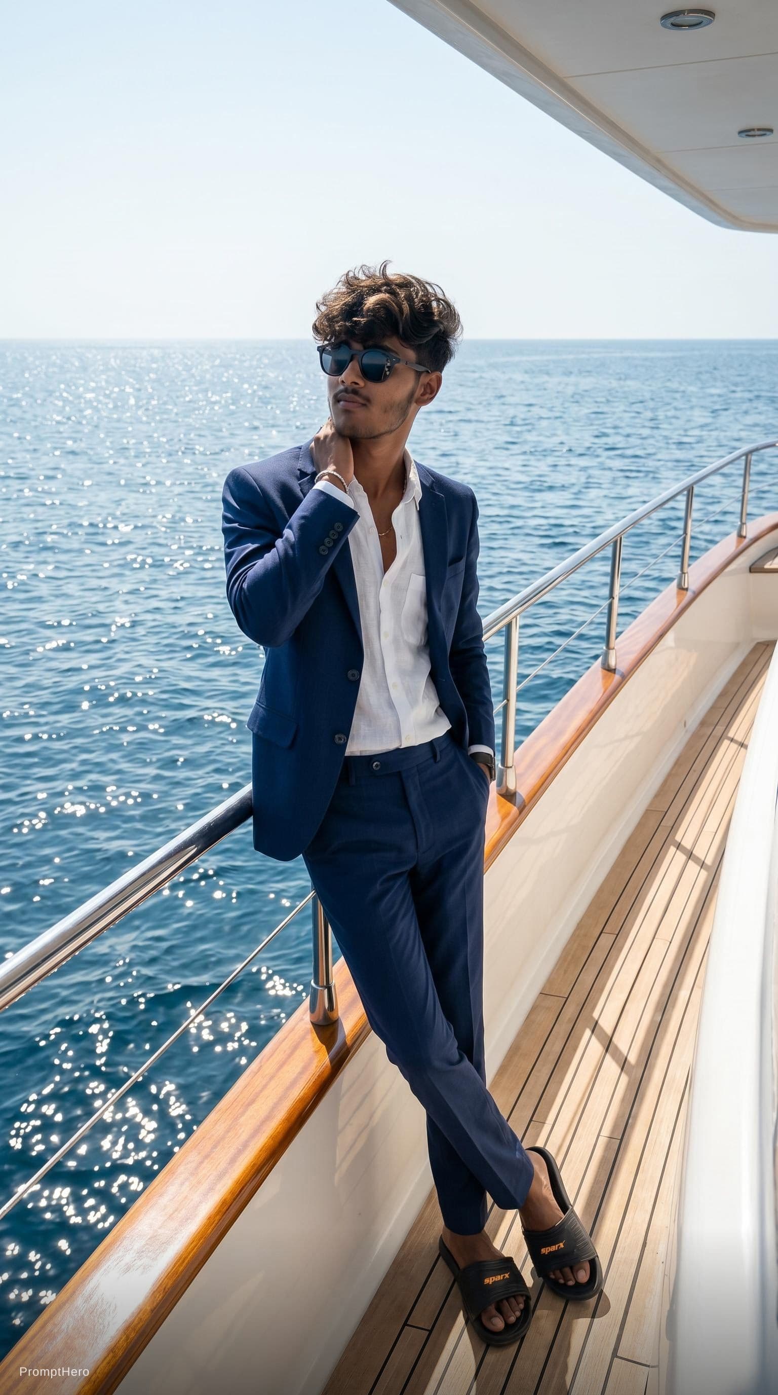 AI generated: Create a high-end fashion image of a male model wearing a tailored summer suit with an open shirt. P...