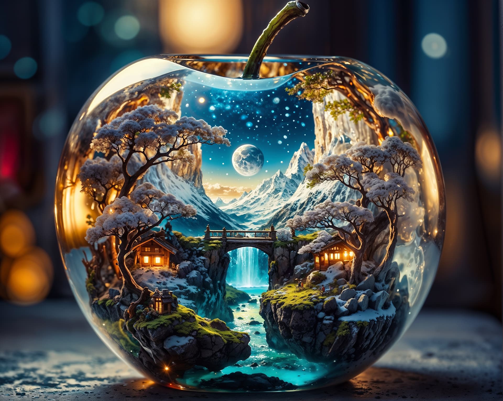 AI generated: beautiful cherry blossom winter summer and spring fantasy world inside of a crystal apple, hyperdeta...