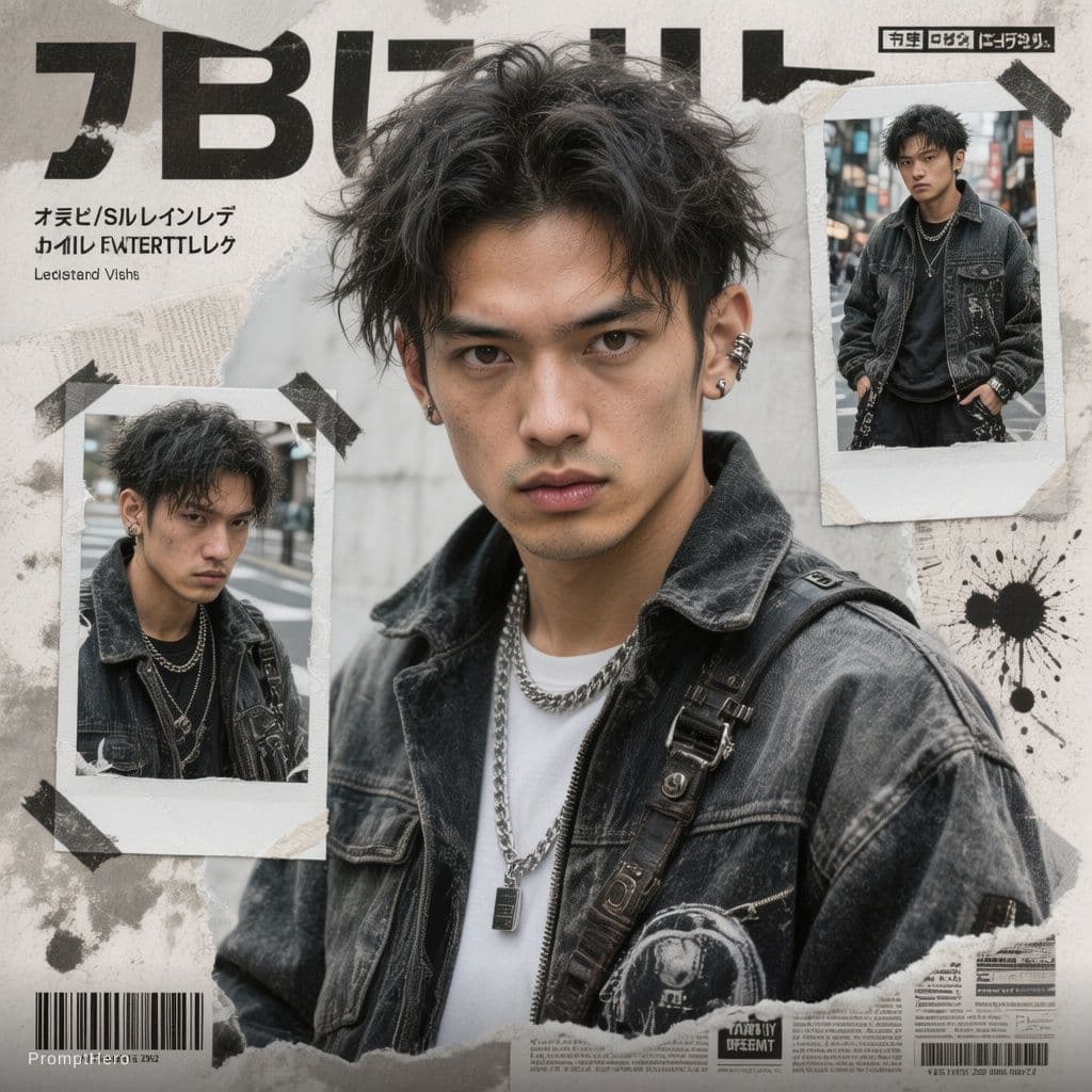 AI generated: Buat poster kolase editorial streetwear Jepang bergaya Y2K yang bold dengan estetika majalah fashion...