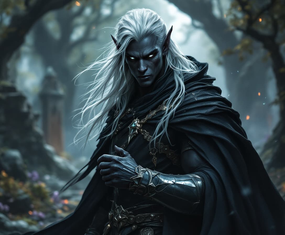 AI generated: Fantasy DnD style, (A handsome dark skinned Dark Elf Man with Ebony skin), long white Hair, long ear...