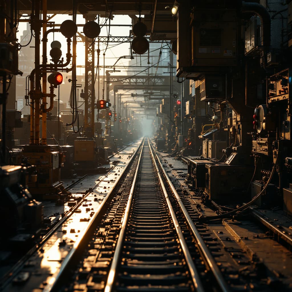 AI generated: A highly detailed cinematic shot capturing a railroad switching area. Tracks, levers, and signals fi...
