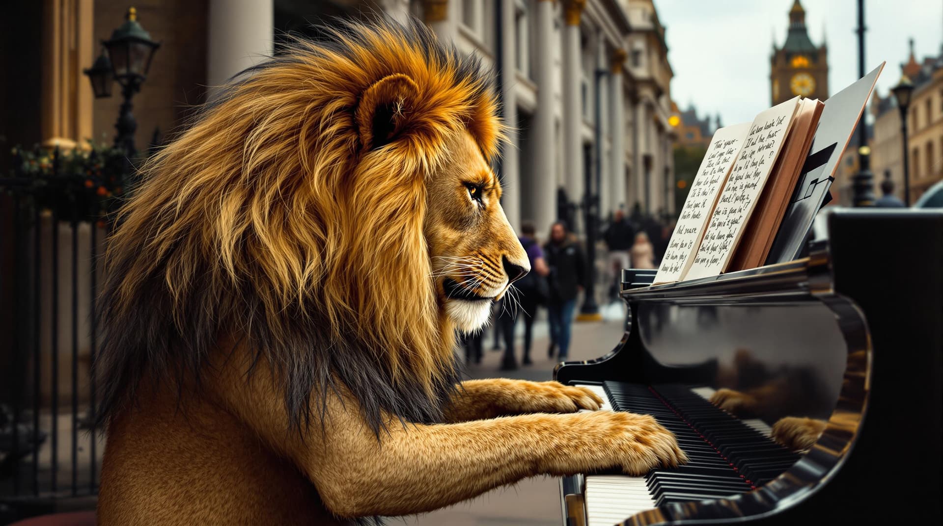 AI generated: a lion is playing piano in london