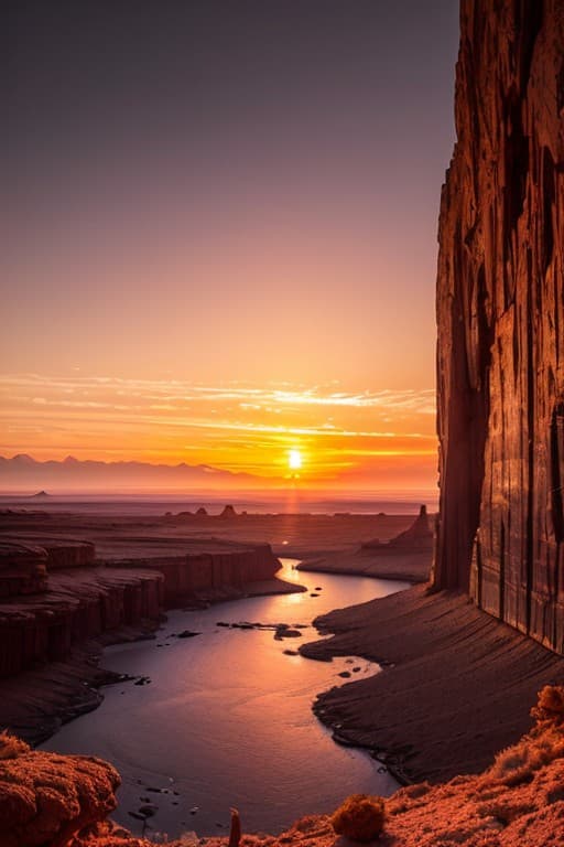 AI generated: raw photo sunset on alien planet, unreal landscape, Photorealistic, Hyperrealistic, Hyperdetailed, a...