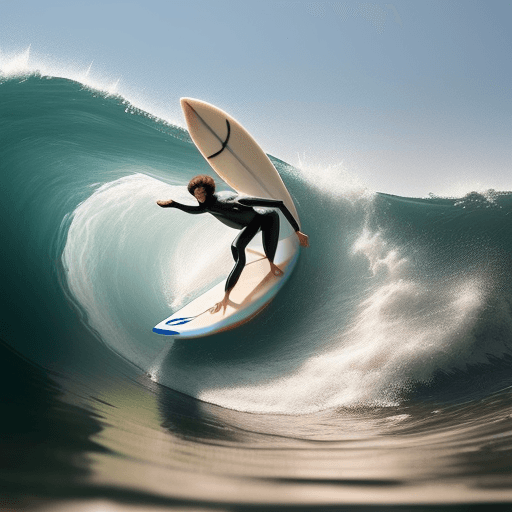 AI generated: An cup of coffee with coffee carved into the shape of waves, a person surfing on the waves, three-di...