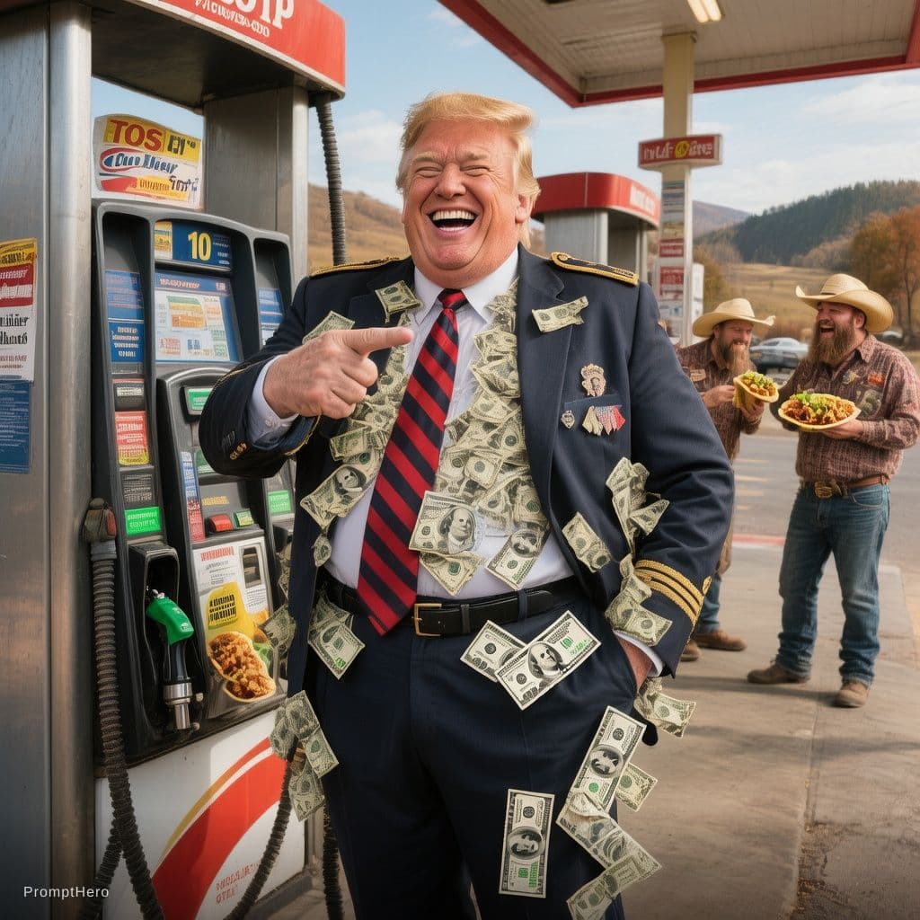 AI generated: Ultra realistic, U.S. President, 2026 Donald J. "TACO" Trump standing full body pointing to a gasoli...