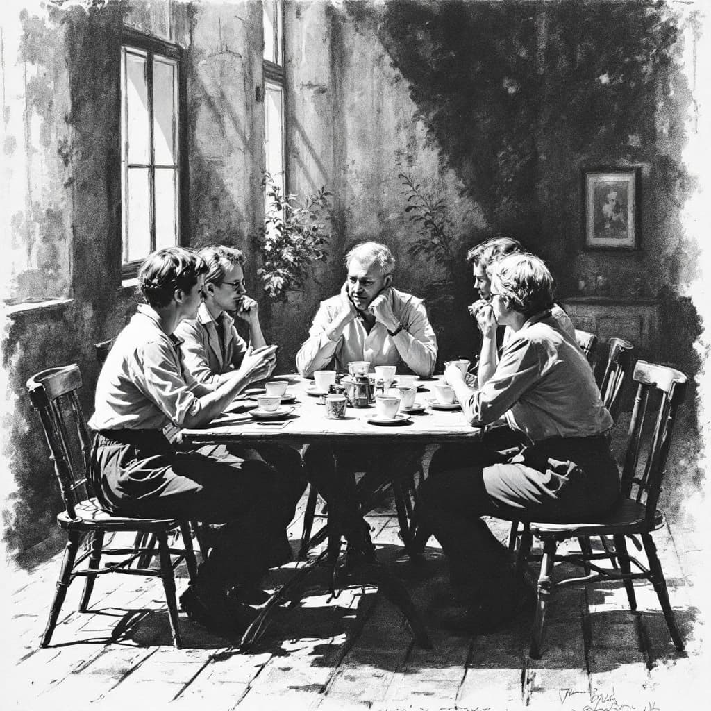AI generated: coffetable, 6 persons sitting around, closed like in the 1950th in Germany, 
26 / 5.000
drawing styl...