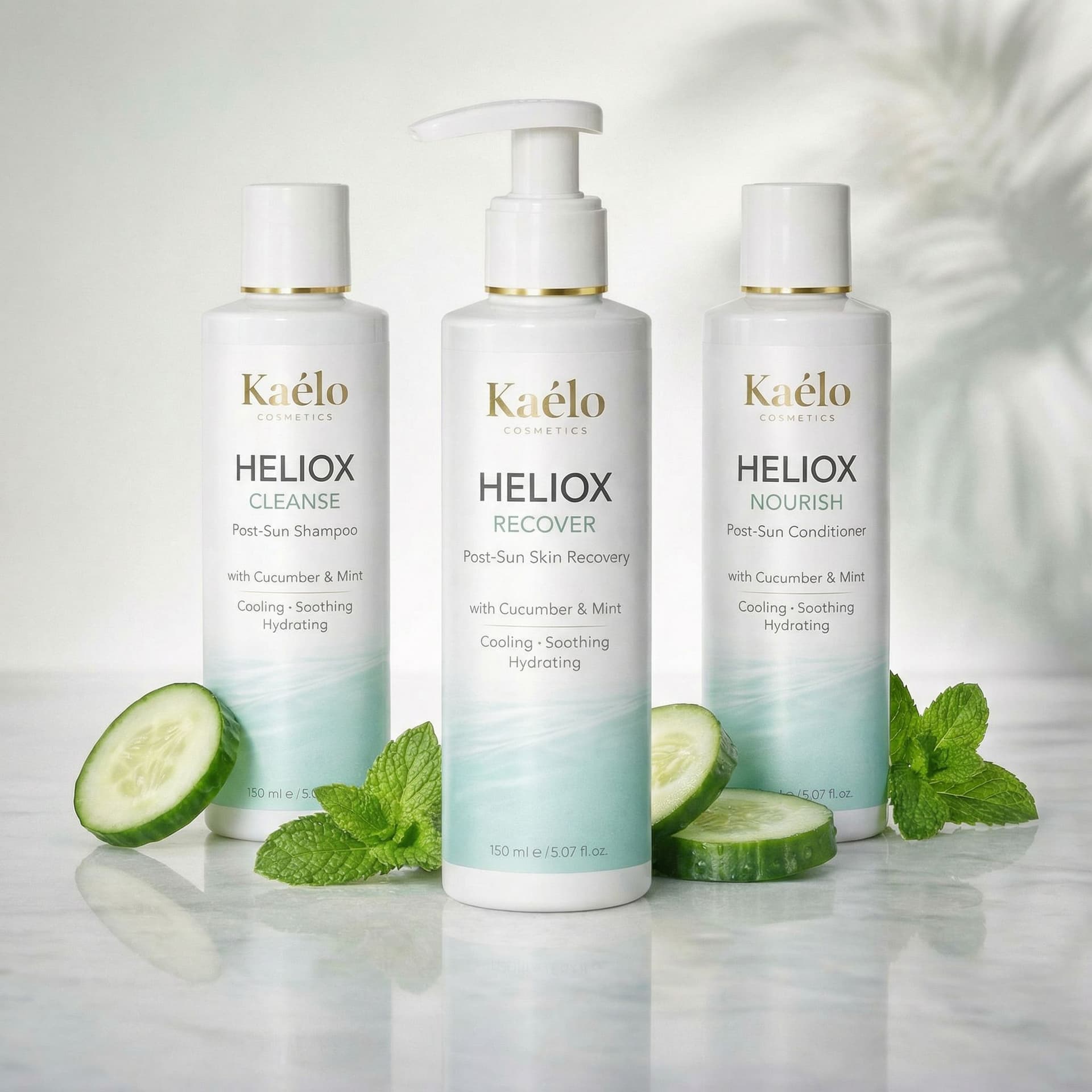 AI generated: High-end studio photograph of premium after sun, shampoo and conditioner bottles, placed on a marble...