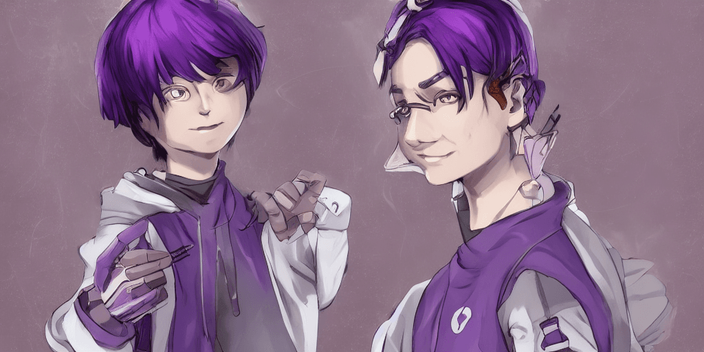 AI generated: a purple-haired traveller, alchemist boy, short hair, wearing a headband, long oversized grey hoodie...