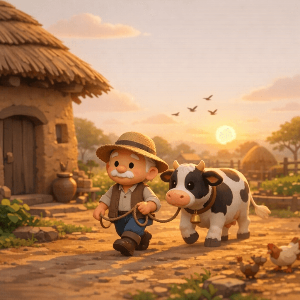 AI generated: Farmer walking slowly in his small farm near a mud house, holding a rope, cow walking beside him, mo...