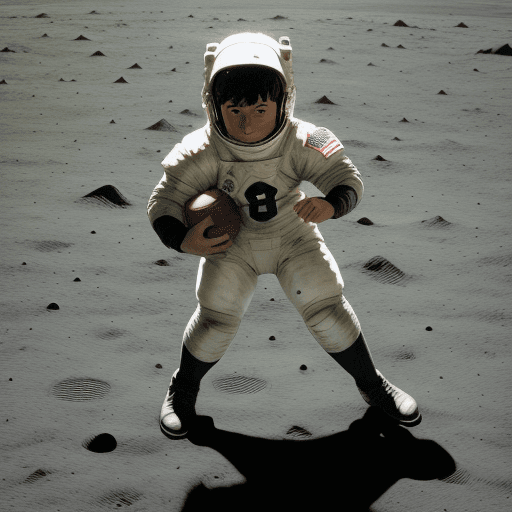 AI generated: a young boy playing football on the moon