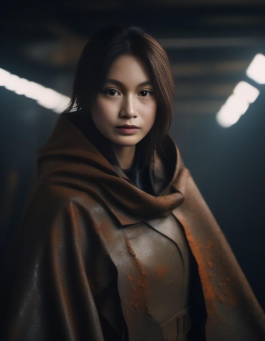 AI generated: futuristic military woman, wearing woven cape, dirty, grunge, cinematic style, dark image, rust, mud...