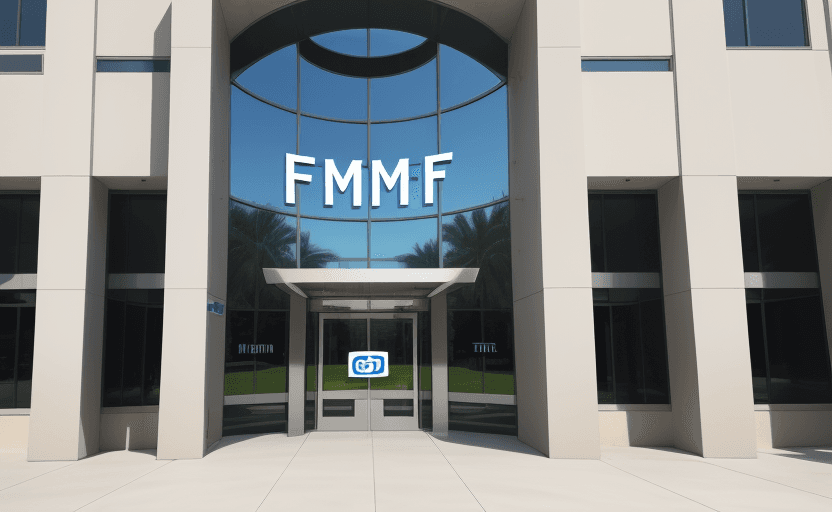 AI generated: huge corporate building entrance logo "FIM" readable