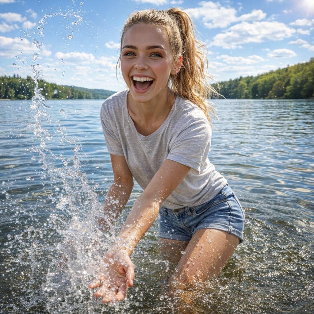 AI generated: photo of 20yo woman with ponytail blonde, gray hair in a lake splashing water, sunny midday, having ...