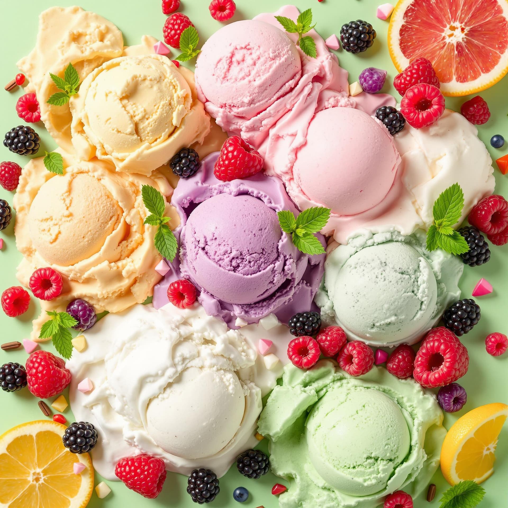 AI generated: The image features a vibrant and appetizing arrangement of ice cream scoops in various flavors neatl...