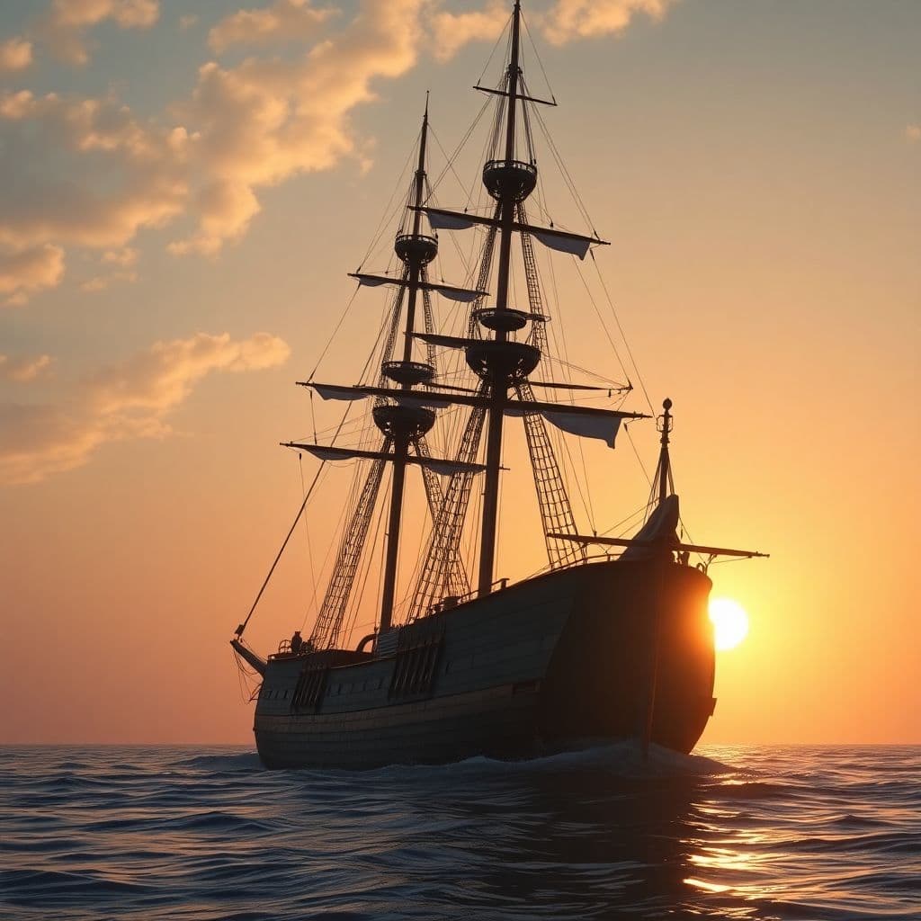 AI generated: Photo of a ultra realistic sailing ship, dramatic light, pale sunrise, cinematic lighting, battered,...