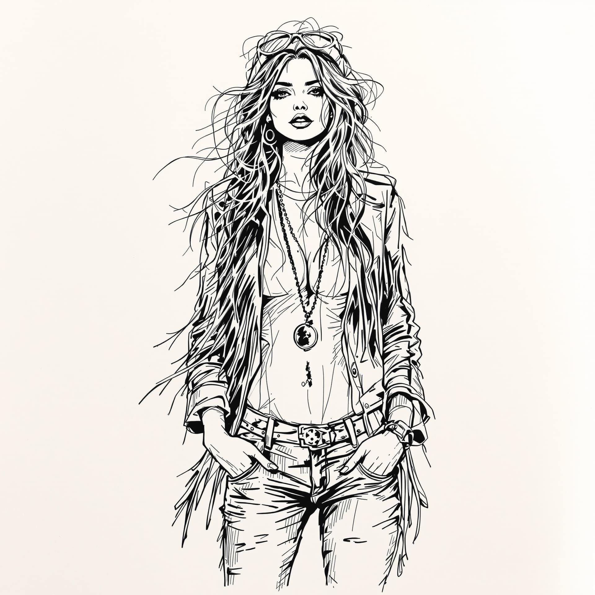 AI generated: pen and ink style stipulated beautiful hippy women wearing a fringe jacket and jeans,