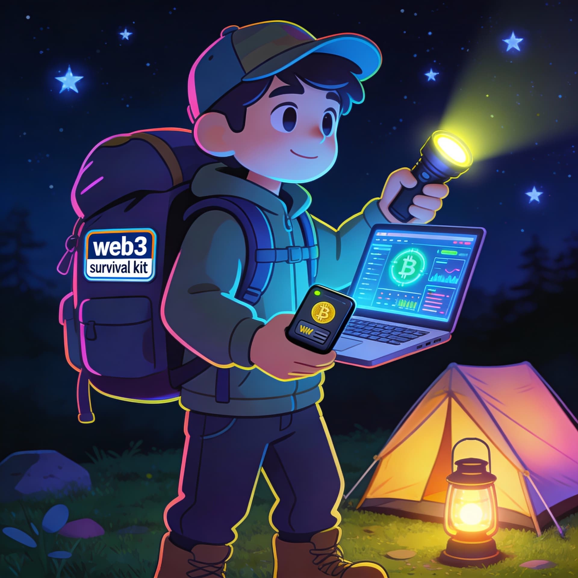 AI generated: cartoon avatar camper using web3 survival kit, backpack, laptop, crypto wallet, flashlight, camping ...
