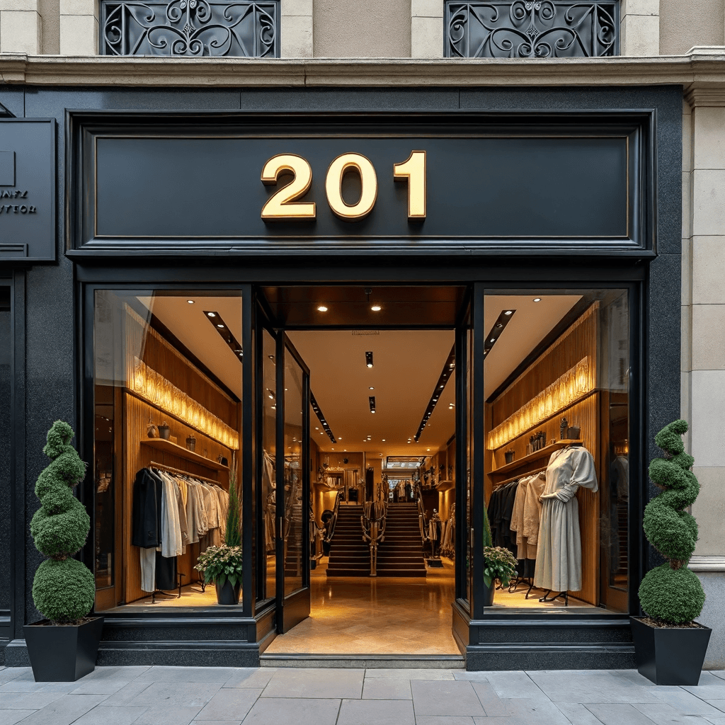 AI generated: outdoor photo of a luxury boutique with huge sign with the name of the shop "201" made with styled i...