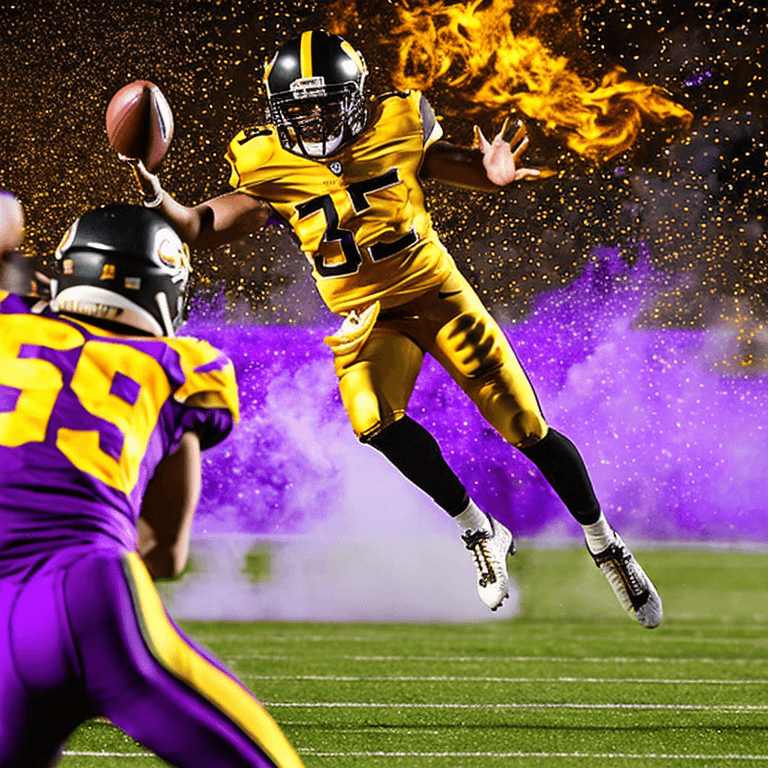 AI generated: (purple and gold pirates), wide angle photography of pirates as american football players, action ph...