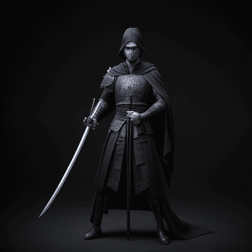 AI generated: european swordsman with black robe and with two swords, one dark and one, blueartwork. cinematic, hy...