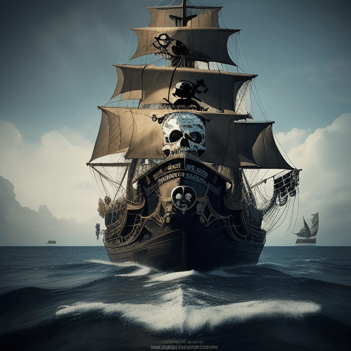 AI generated: The image features a large pirate ship sailing on a body of water, with a skull and crossbones promi...