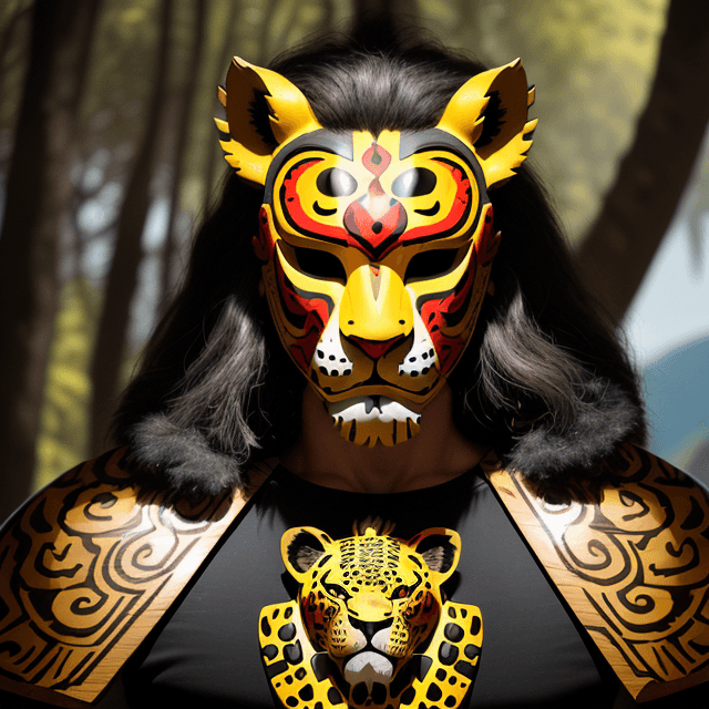 AI generated: man with jaguar warrior helmet mask with jaguar-style and abundant hair, wooden mask, fine wood deta...