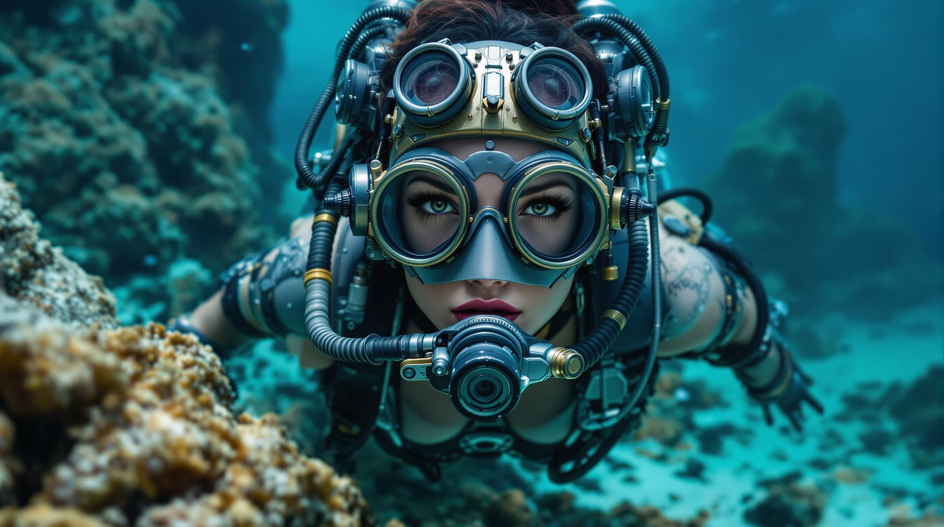 AI generated: Full body action photo of a female dieselpunk cyborg with vintage looking diving equipment submerged...
