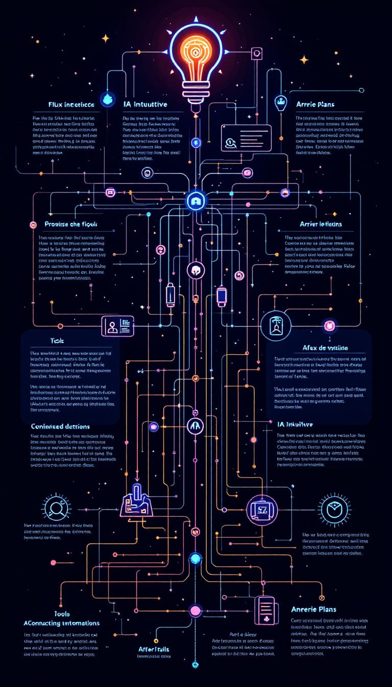 AI generated: Une représentation stylisée de flux de travail automatisé connectant des outils numériques et une IA...