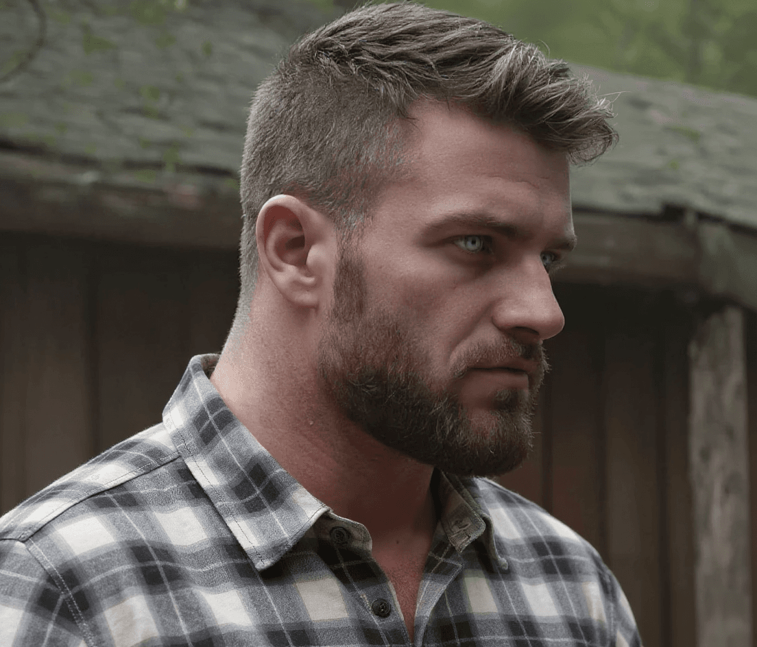 AI generated: He is wearing a lumber jack shirt