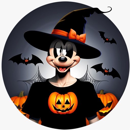 AI generated: Mickey Disney character with Halloween hat. Bats and spider web around him. Halloween style, for t-s...