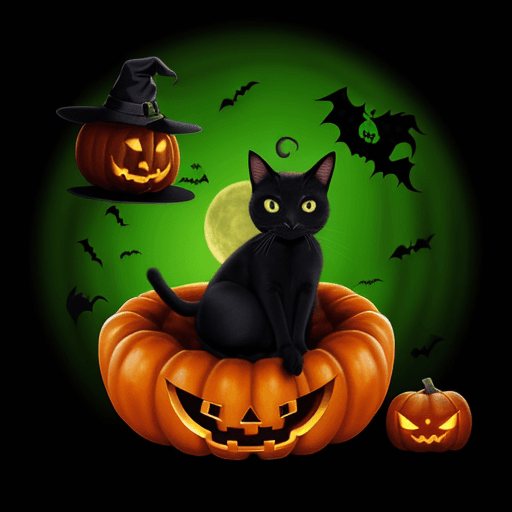AI generated: black cat inside a pumpkin, green eyes, cute look, charming and adorable look, halloween style, back...