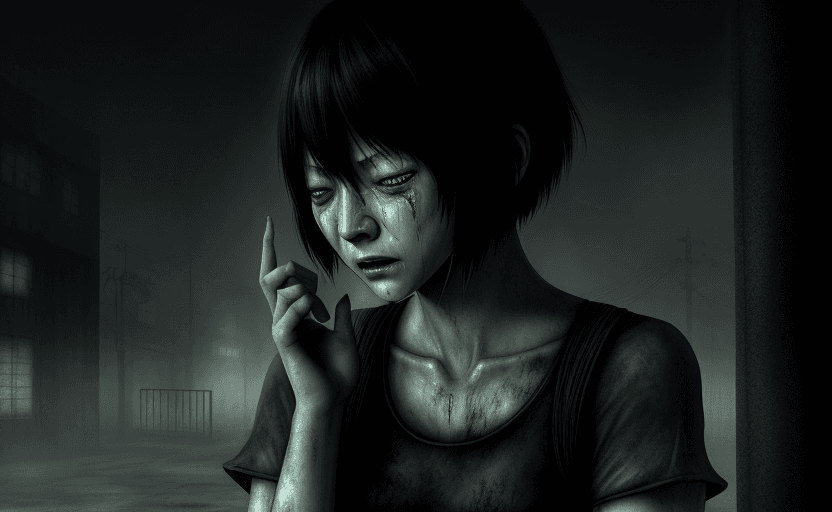 AI generated: woman crying, Final Fansaty type of character, Silent Hill inspired, Fatal Frame, Versus 13, horror ...