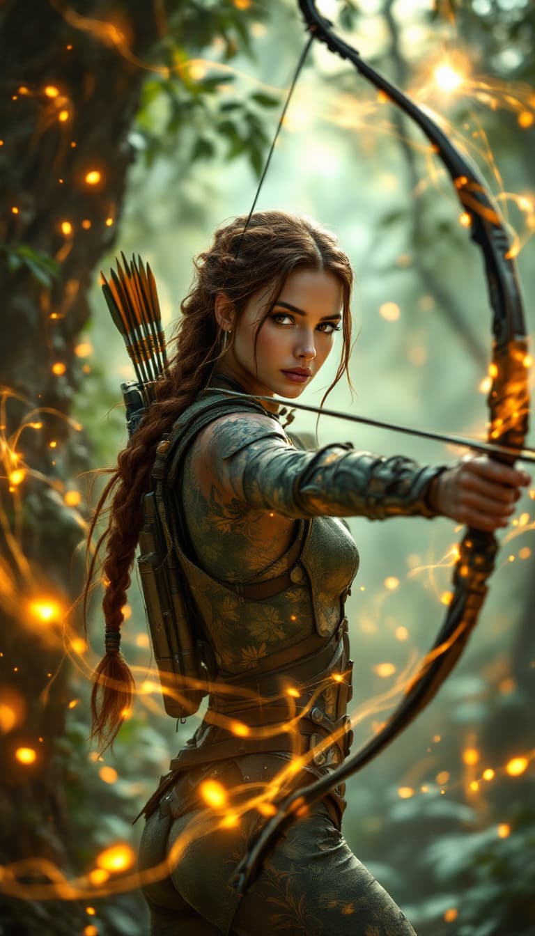 AI generated: An ultra-realistic, full-body action shot of a captivating bronze huntress woman, exuding skill and ...