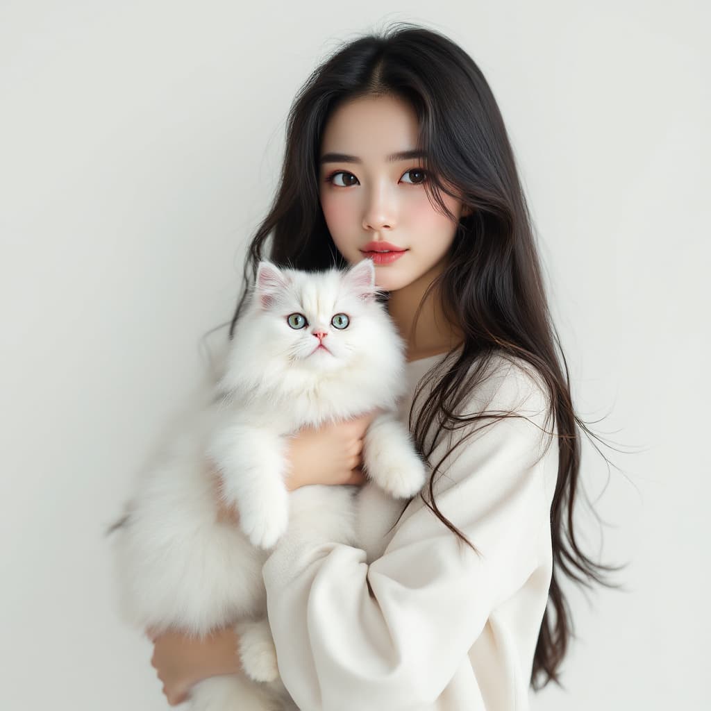 AI generated: A long hair beautiful asian girl in her late twenties carrying a white chinchilla persian cat, micro...