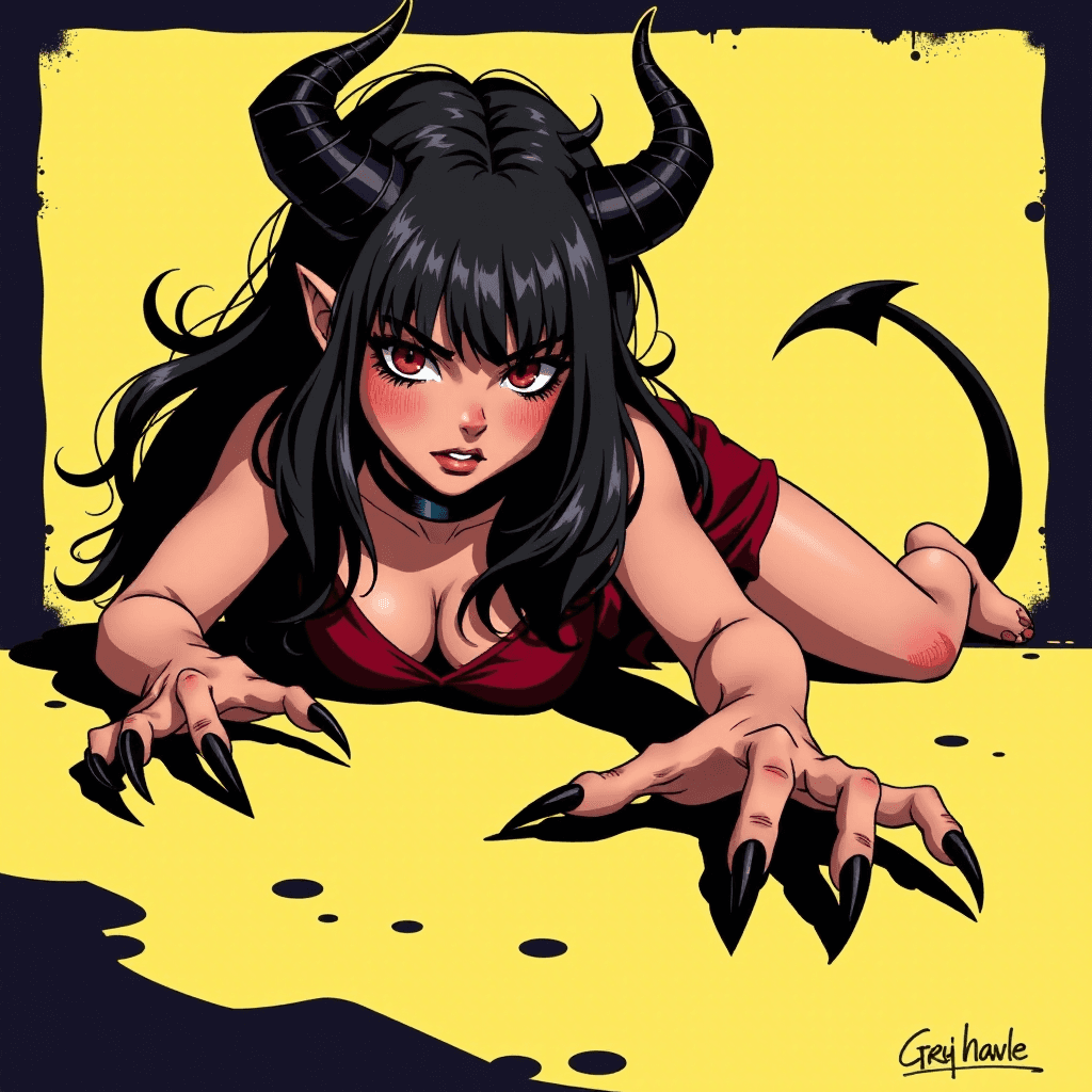 AI generated: Graphic Novel Art: high-contrast graphic novel illustration, cel-shaded, masterpiece, a demon girl w...