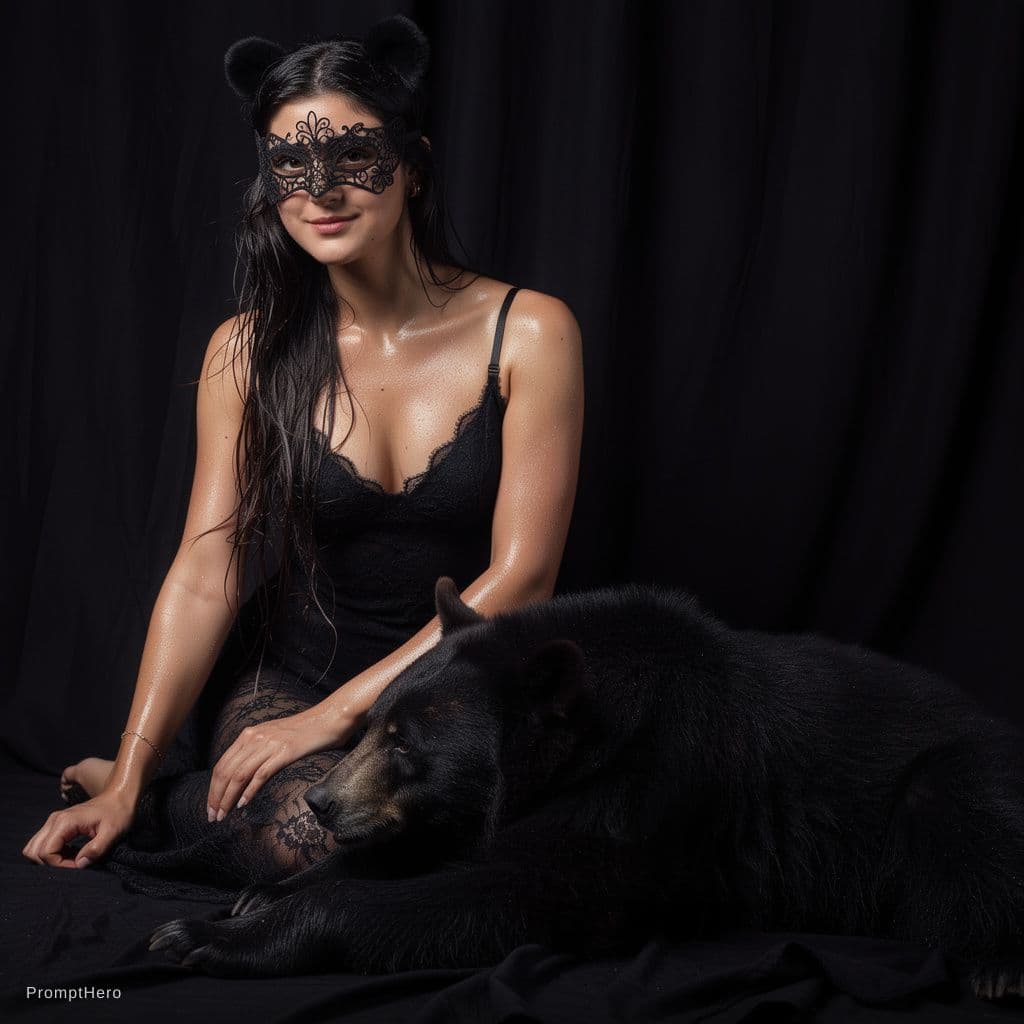 AI generated: A seductive woman with wet, glistening skin sits provocatively against a dark, draped black backgrou...