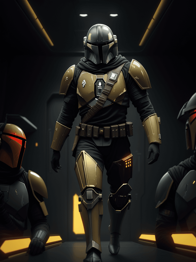 AI generated: A haunting scene of a mandalorian with a golden armor| golden armor(red glowing eyes:1.2)| in a rell...
